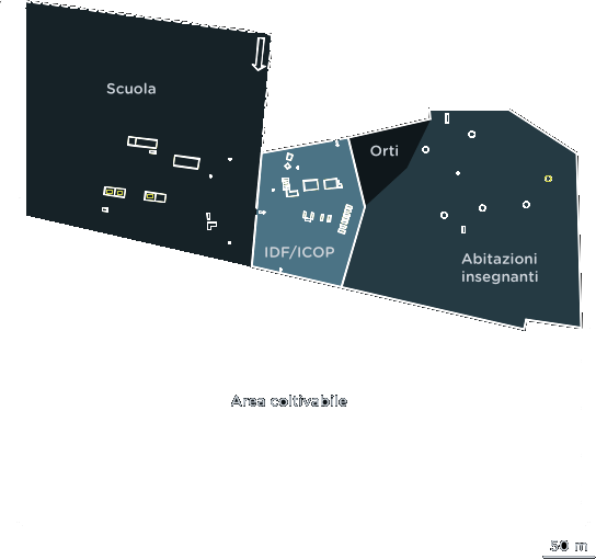 Planimetria del compound dell'IDVTC: scuola, IDF/ICOP, orti, abitazioni insegnanti, area coltivabile