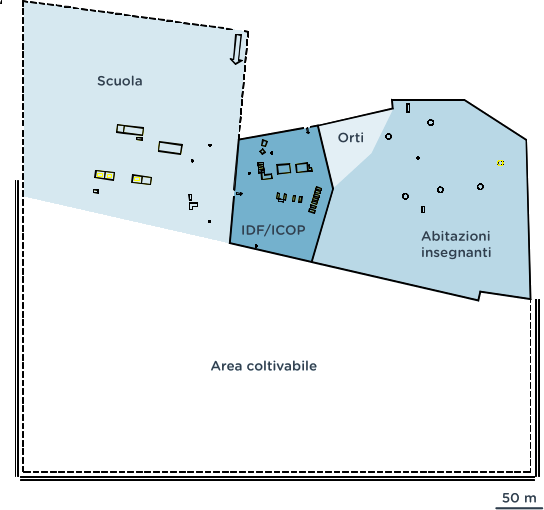 Planimetria del compound dell'IDVTC: scuola, IDF/ICOP, orti, abitazioni insegnanti, area coltivabile